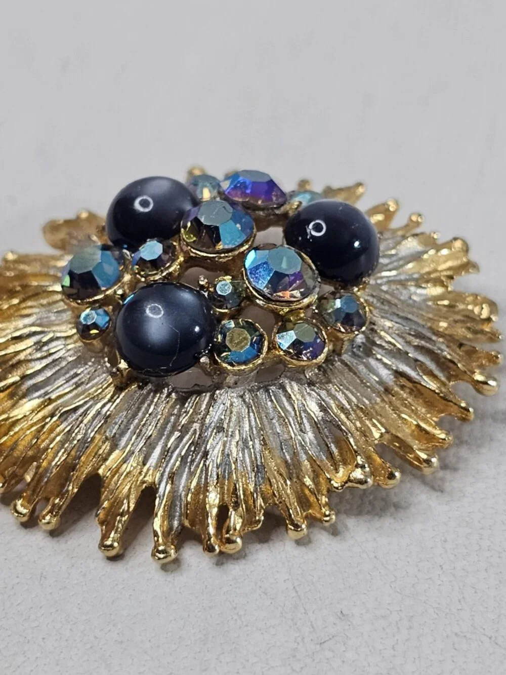 Gold Silver Tone Dome Starburst Brooch Flower Cluster AB Gray Cat Eye Unmarked